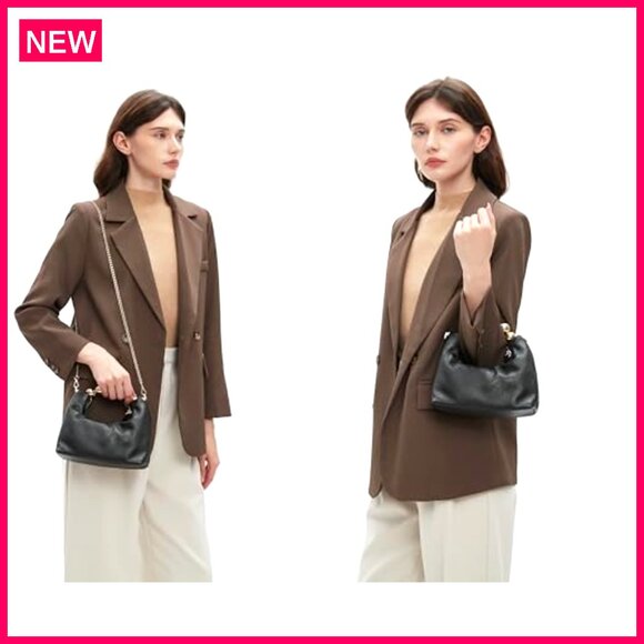 Genuine Leather Top Handle Clutch with Chain Strap, Designer Crossbody Purse